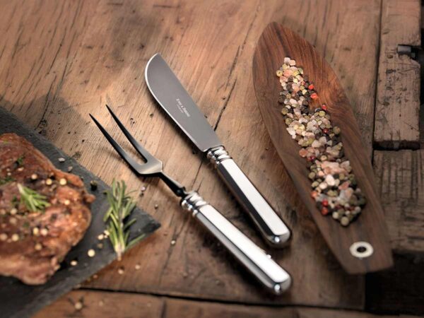 Robbe & Berking Alt-Spaten Silver Frozen Carving Set including Carviing Fork with Frozen Black Tines and Frozen Black Steak Knife.