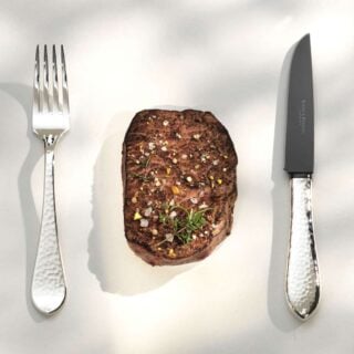 R&B-Martelé_Frozen-Black-1200w-100KB Robbe & Berking Martele Silver Frozen Barbecue Set including Menu Fork and Frozen Black Steak Knife.