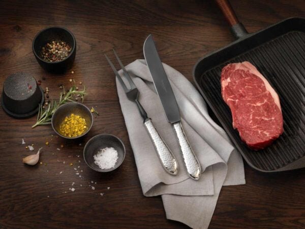R&B-Martelé_Frozen-Black_Carving-Set-1200w-100KB Robbe & Berking Martele Silver Frozen Carving Set including Carving Fork with Frozen Black Tines and Frozen Black Steak Knife.