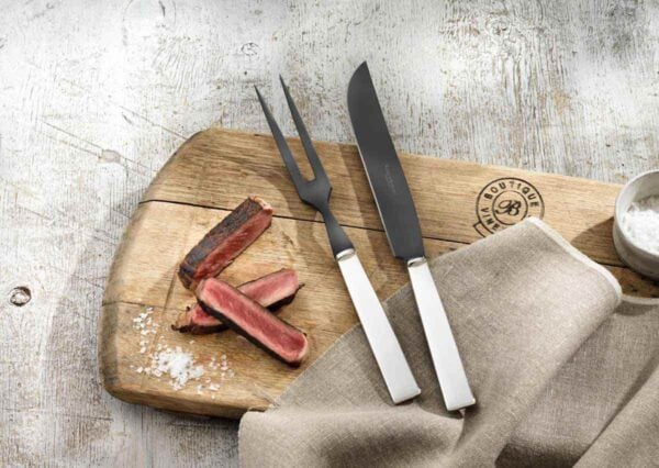R&B-Riva_Frozen-Black_Carving-Set-1200w-100KB Robbe & Berking Riva Silver Frozen Carving Set including Carving Fork with Frozen Black Tines and Frozen Black Steak Knife.
