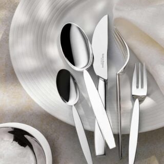 Robbe & Berking 12 Silver 5 Piece Place setting with Hering Berlin Pulse Plate Lifestyle Image