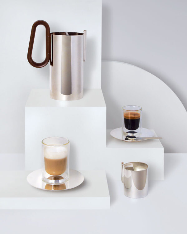 PUIFORCAT-MOOD-Collection-Phi-2-1200w-100KB Puiforcat Phi Coffee and Tea Collection Lifestyle Photo with Espresso and Latte Drinks | Kneen & Co