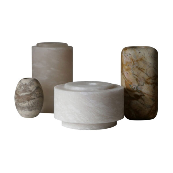 Left to Right: Michaël Verheyden Dado S in Mondragone, Michaël Verheyden Marble Vase in Tabac Alabaster, Michaël Verheyden Marble Bowl in White Alabaster, Tondo Vase Medium in Vendome Marble | Kneen & Co