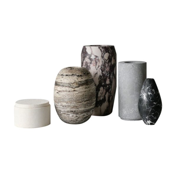 Left to Right: Michaël Verheyden Cont L Low in Pietra di Vicenza, Michaël Verheyden Dado M in Travertine Brown, Michaël Verheyden Amfora Marble S in Calacatta Viola, Michaël Verheyden Buzze S in Mondragone, Michaël Verheyden Mandorla S in Nero Antico | All Available at Kneen & Co