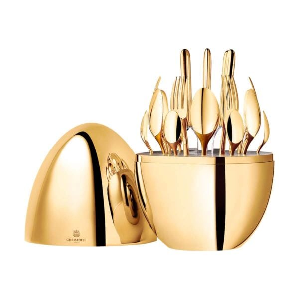 Christofle Mood Egg Set in Gold Gilded Silver Plate, 24 Piece flatware set at Kneen & Co.