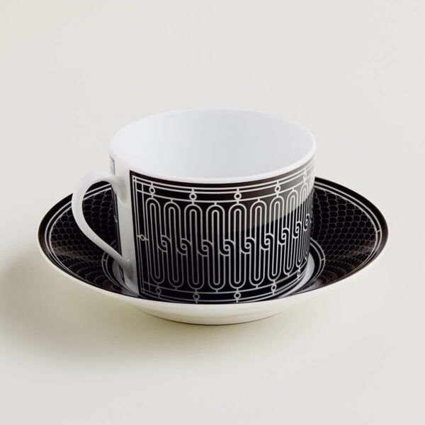 HERMES-DNRWR-HDeco-037015P-worn-3-1200x1200px-100KB Hermes H Deco Porcelain Breakfast Cup and Saucer other view | Kneen & Co