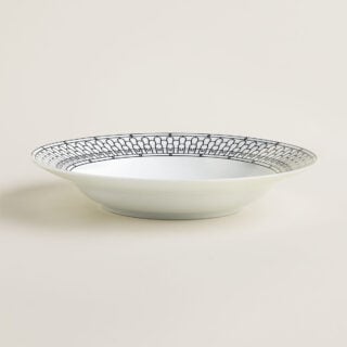 Hermes H Deco Porcelain Round Deep Platter on table view | Kneen & Co