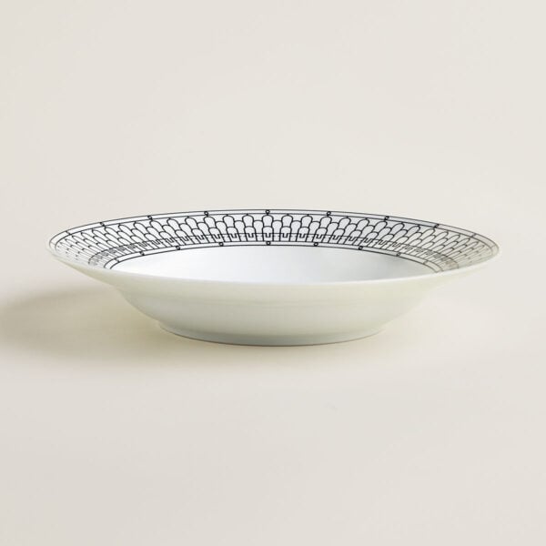 HERMES-DNRWR-HDeco-037026P-worn-3-1200x1200px-100KB Hermes H Deco Porcelain Round Deep Platter on table view | Kneen & Co