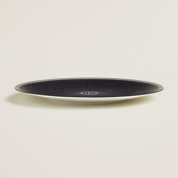 HERMES-DNRWR-HDeco-037063P-worn-3-1200x1200px-100KB Hermes H Deco Porcelain Presentation Plate on table view | Kneen & Co
