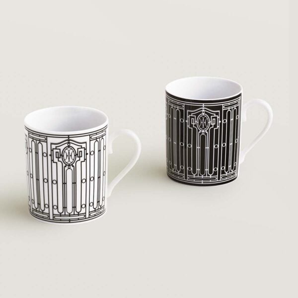HERMES-DNRWR-HDeco-037135P-worn-1-1200x1200px-100KB Hermes H Deco Set of 2 Porcelain Mugs (No. 1 and No. 2) | Kneen & Co