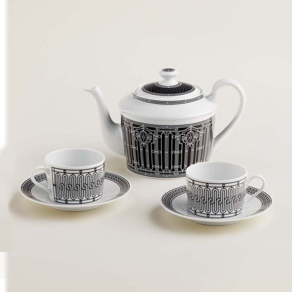 Hermes H Deco Porcelain Tea Set including Teapot for 6 people and 2 Tea cups and saucers | Kneen & Co