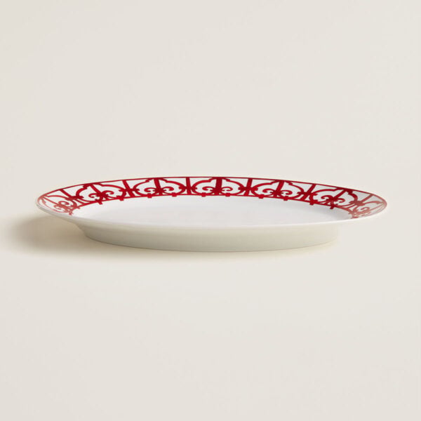 HERMES-DNRWR-balconGuadalquivir-011050P-worn-3-1200x1200px-100KB Hermes Balcon du Guadalquivir Large Oval Platter on table view | Kneen & Co