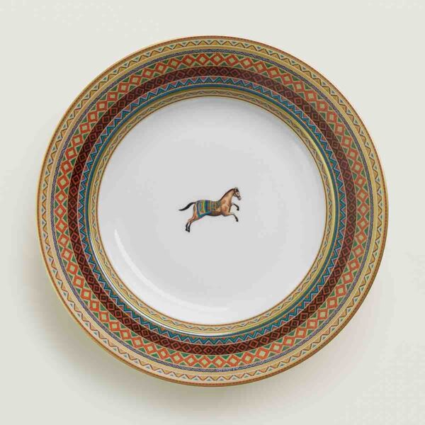 HERMES-DNRWR-cheval-dOrient-009813P-worn-1-1200x1200px-100KB Hermes Cheval D'Orient Porcelain Rimmed Soup Plate | Kneen & Co