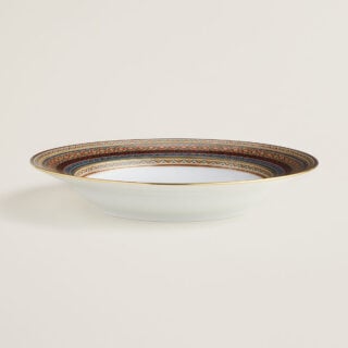 Hermes Cheval D'Orient Porcelain Rimmed Soup Plate on table view | Kneen & Co