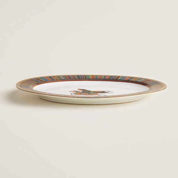 HERMES-DNRWR-cheval-dOrient-009850P-worn-3-1200x1200px-100KB Hermes Cheval D'Orient Porcelain Large Oval Platter on table view | Kneen & Co