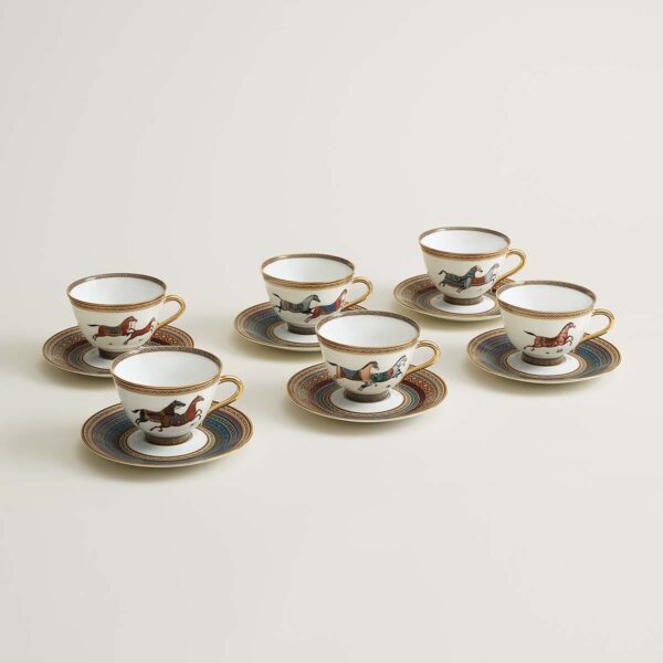Hermes Cheval D'Orient Porcelain Set of 6 Tea Cups and Saucers (No. 1 - No. 6) | Kneen & Co