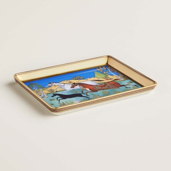 HERMES-DNRWR-cheval-dOrient-009889P-worn-3-1200x1200px-100KB Hermes Cheval D'Orient Porcelain Small Tray on table view | Kneen & Co