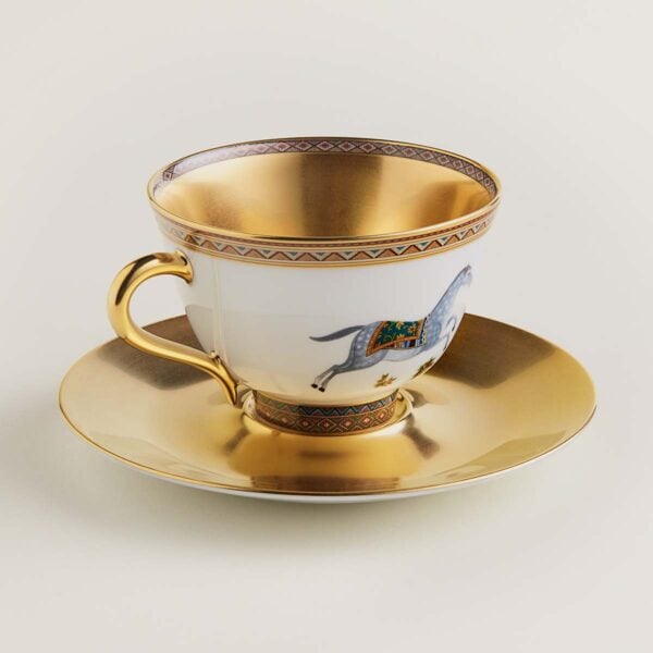 HERMES-DNRWR-cheval-dOrient-009916P-worn-3-1200x1200px-100KB Hermes Cheval D'Orient Porcelain Gold Tea Cup and Saucer other view | Kneen & Co
