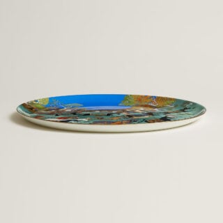 Hermes Cheval D'Orient Porcelain Large Round Tray No. 2 on table view | Kneen & Co