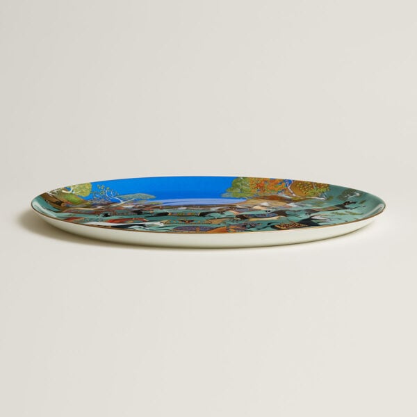 Hermes Cheval D'Orient Porcelain Large Round Tray No. 2 on table view | Kneen & Co