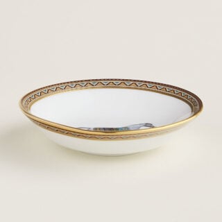 Hermes Cheval D'Orient Porcelain Soy Dish on table view | Kneen & Co
