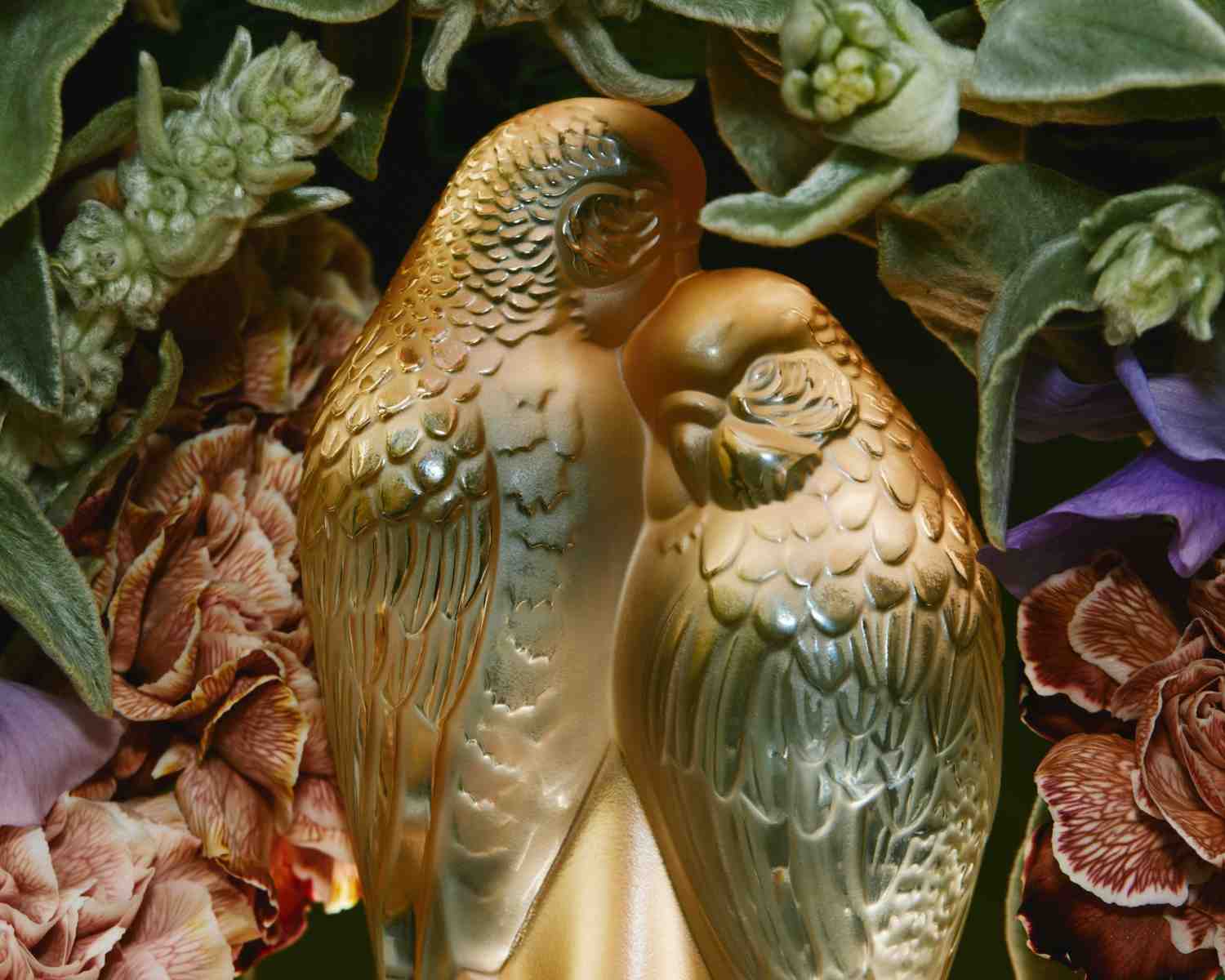Lalique 2 Parakeets Sculpture Gold Luster | Kneen & Co