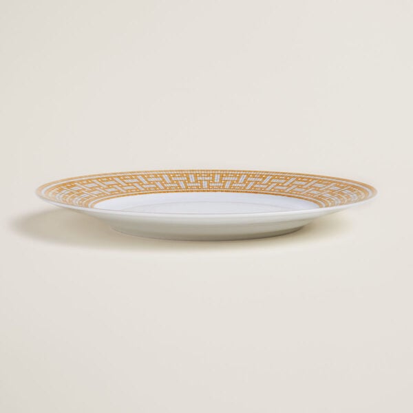 HERMES-DNRWR-Mosaique-au24-Or-026001P-worn-3-1200x1200px-100KB Hermes Mosaique au 24 Gold Dinner Plate shown on table | Kneen & Co