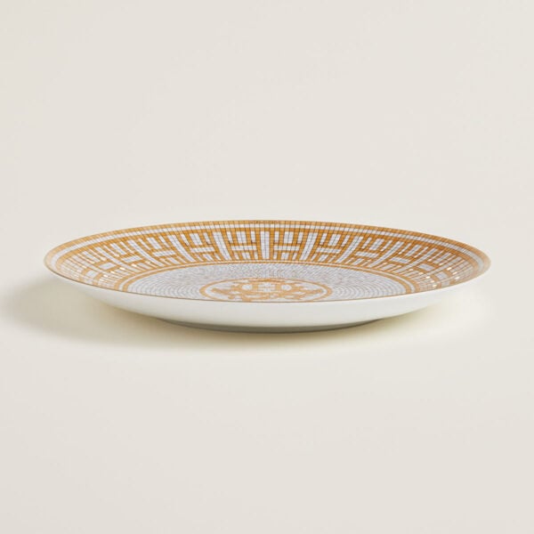HERMES-DNRWR-Mosaique-au24-Or-026007P-worn-3-1200x1200px-100KB Hermes Mosaique au 24 Gold Dessert Plate shown on table | Kneen & Co