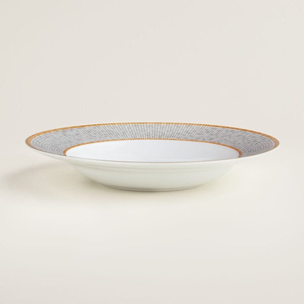 HERMES-DNRWR-Mosaique-au24-Or-026013P-worn-3-1200x1200px-100KB Hermes Mosaique au 24 Gold Rim Soup Plate shown on table | Kneen & Co