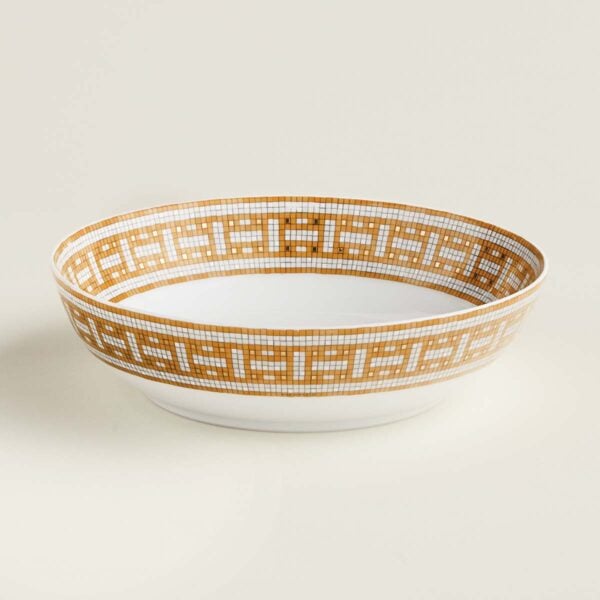 HERMES-DNRWR-Mosaique-au24-Or-026014P-worn-3-1200x1200px-100KB Hermes Mosaique au 24 Gold Cereal Bowl shown on table | Kneen & Co