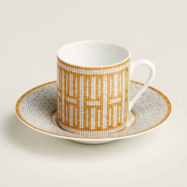 Hermes Mosaique au 24 Gold Espresso Cup and Saucer shown on table | Kneen & Co