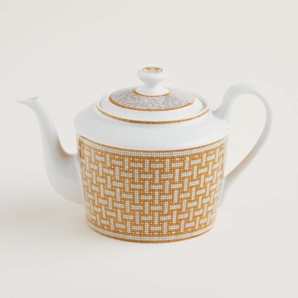 HERMES-DNRWR-Mosaique-au24-Or-026018P-worn-1-1200x1200px-100KB Hermes Mosaique au 24 Gold Teapot shown on table | Kneen & Co