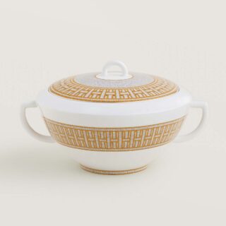 Hermes Mosaique au 24 Gold Soup Tureen shown on table | Kneen & Co
