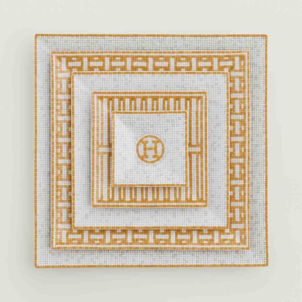 HERMES-DNRWR-Mosaique-au24-Or-026046P-worn-1-1200x1200px-100KB Hermes Mosaique au 24 Gold Set of 5 square plates (n°1 to n°5) | Kneen & Co