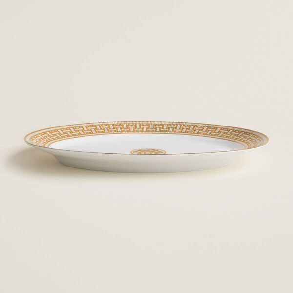 HERMES-DNRWR-Mosaique-au24-Or-026050P-worn-3-1200x1200px-100KB Hermes Mosaique au 24 Gold Large Oval Platter shown on table | Kneen & Co