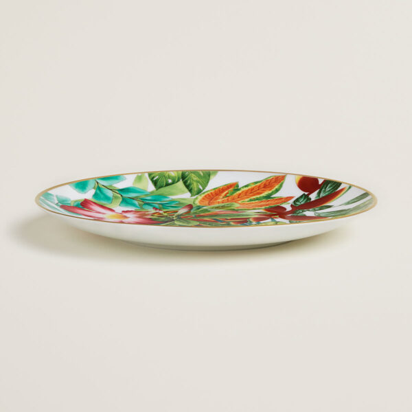 Hermes Passifolia Dessert Plate Desert Rose shown on table | Kneen & Co
