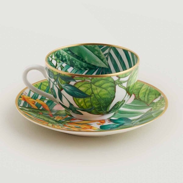 Hermes Passifolia Tea Cup and Saucer shown on table | Kneen & Co