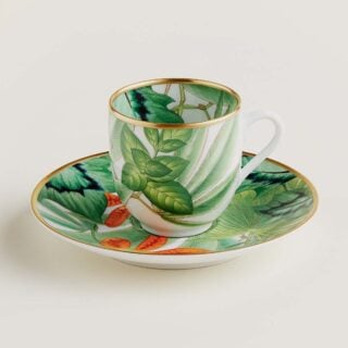 Hermes Passifolia Coffee Cup and Saucer shown on table | Knee & Co