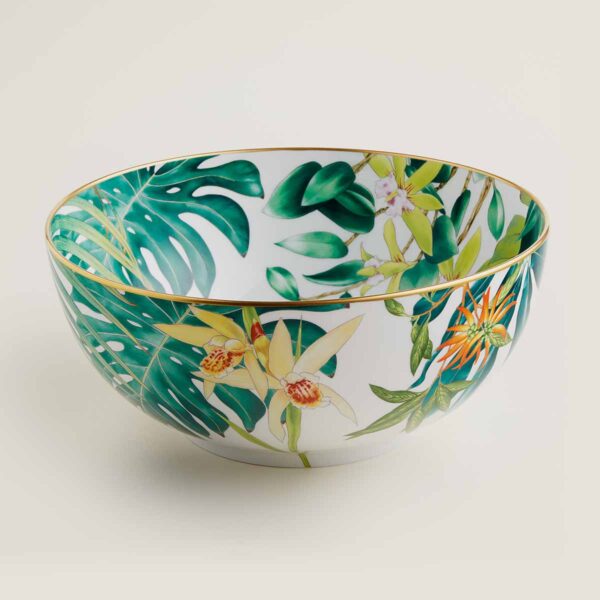 Hermes Passifolia Large Salad Bowl shown on table | Kneen & Co