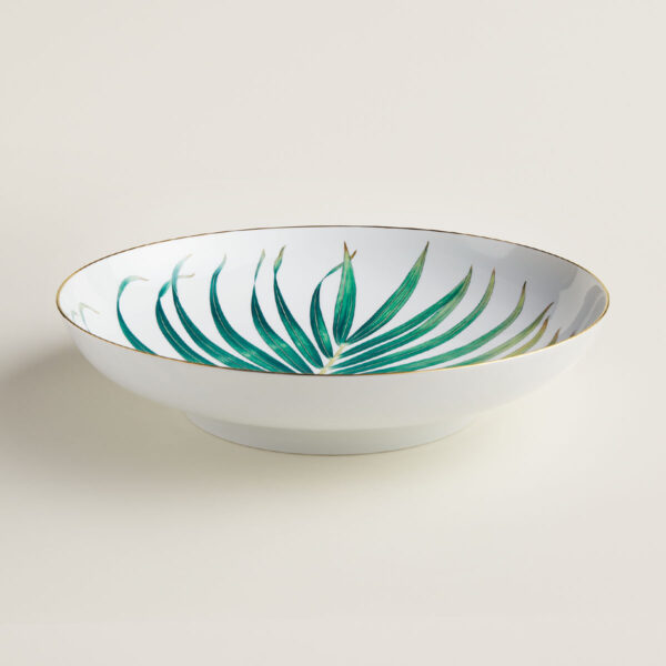 Hermes Passifolia Large Deep Round Platter shown on table | Kneen & Co