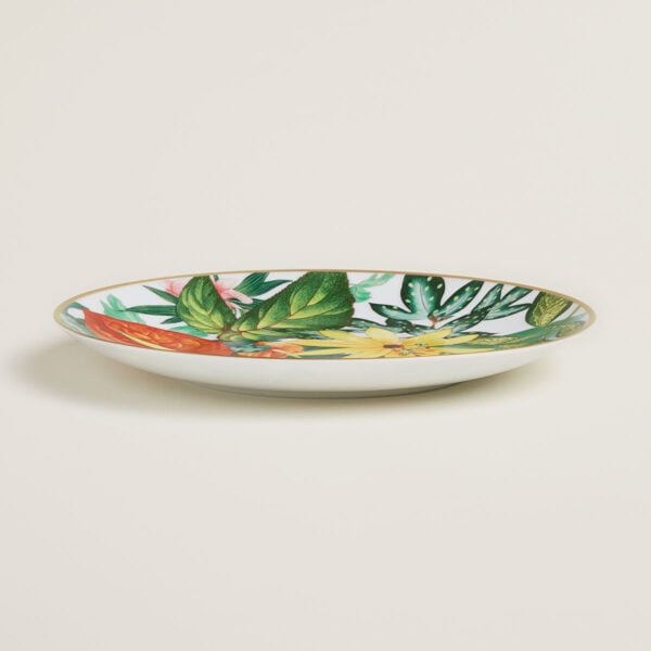 Hermes Passifolia Dessert Plate Passiflora shown on table | Kneen & Co