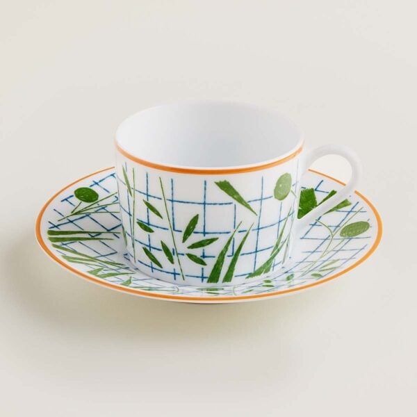 Hermes A Walk in the Garden Tea Cup and Saucer Green | Kneen & Co