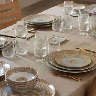 Hermes Mosaique au 24 Gold Dinnerware Table Setting with hermes Intervalle glassware | Kneen & Co