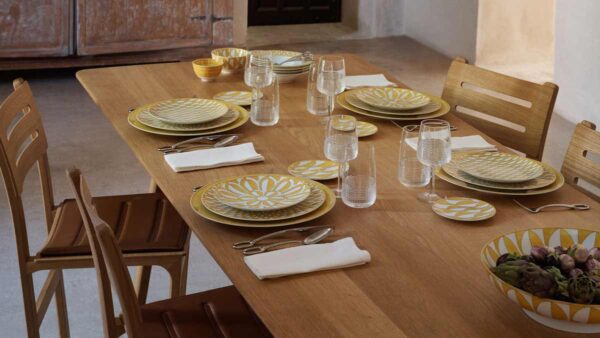HERMES-MOOD-SOLEIL-DINNER-0017-16x9-1200w-100KB Hermès Soleil d’Hermès Dinnerware Table Setting with Hermes Intervalle Glassware and bowls | Kneen & Co