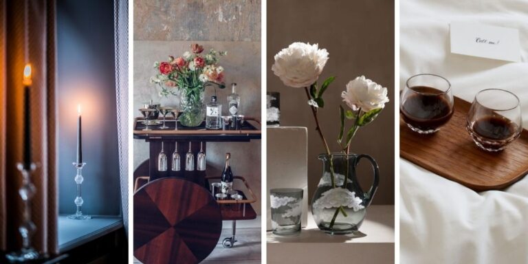 Romantic and intimate spaces with Saint-Louis Tommy Classic Candlestick, Robbe & Berking barware, Jonathan Hansen In The Clouds Dark Grey Glassware, and Saint-Louis Folia Glassware.