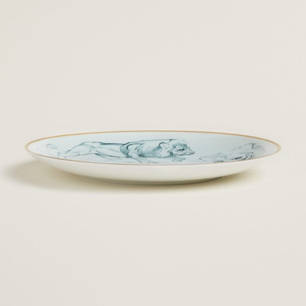 038107P-worn-3-1200x1200px-100KB Hermès Carnets d'Equateur Lions Dessert Plate shown on table | Kneen & Co