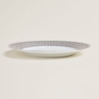 Hermès Mosaique Au 24 Platinum Dinner Plate shown on table | Kneen & Co