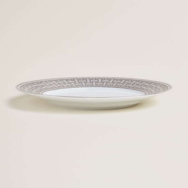 HERMES-DNRWR-Mosaique-au24Platine-035001P-worn-3-1200x1200px-100KB Hermès Mosaique Au 24 Platinum Dinner Plate shown on table | Kneen & Co