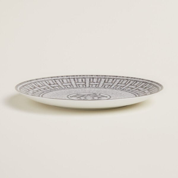 HERMES-DNRWR-Mosaique-au24Platine-035007P-worn-3-1200x1200px-100KB Hermès Mosaique Au 24 Platinum Dessert Plate shown on table | Kneen & Co