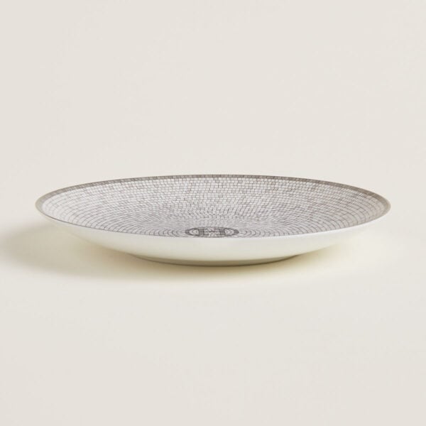 Hermès Mosaique Au 24 Platinum Bread Plate shown on table | Kneen & Co